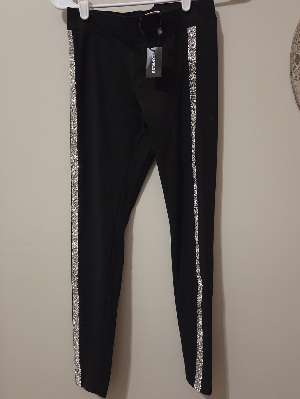 Express Womens Black Leggings with Silver Sequin Side Stripes